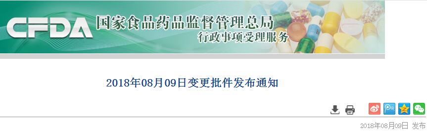 2018年08月09日變更批件發(fā)布通知